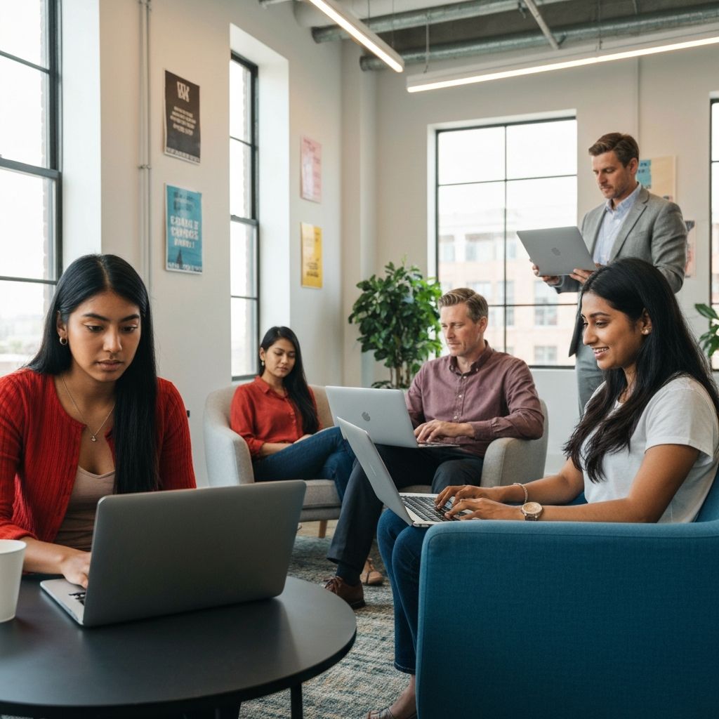 Coworking space with hybrid workers in shared open workspace environment