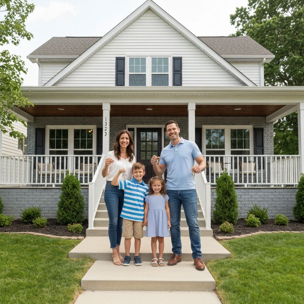 Happy family in front of their new home