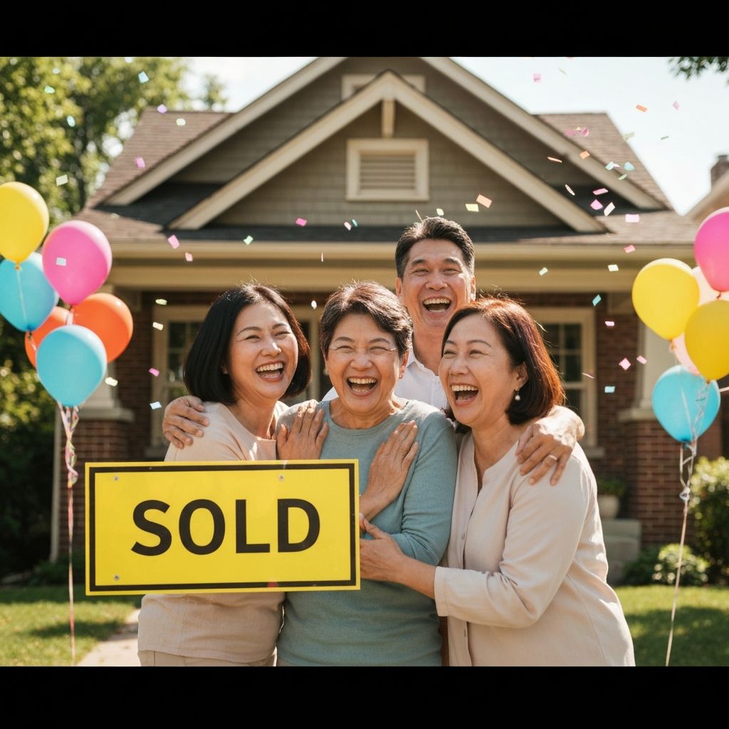 Happy homeowners celebrating with sold sign