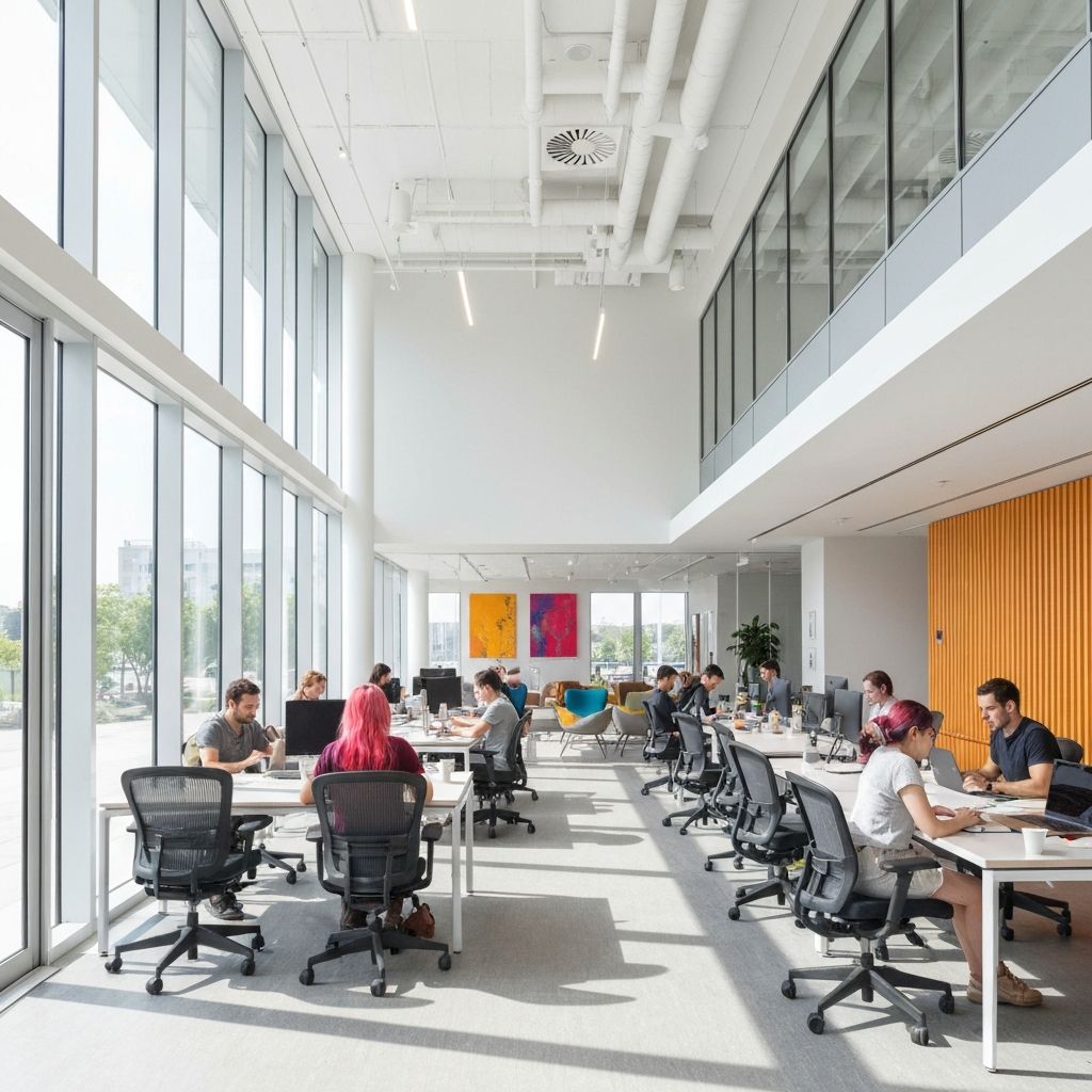 Modern flexible coworking space with private offices and shared work areas for teams and individuals