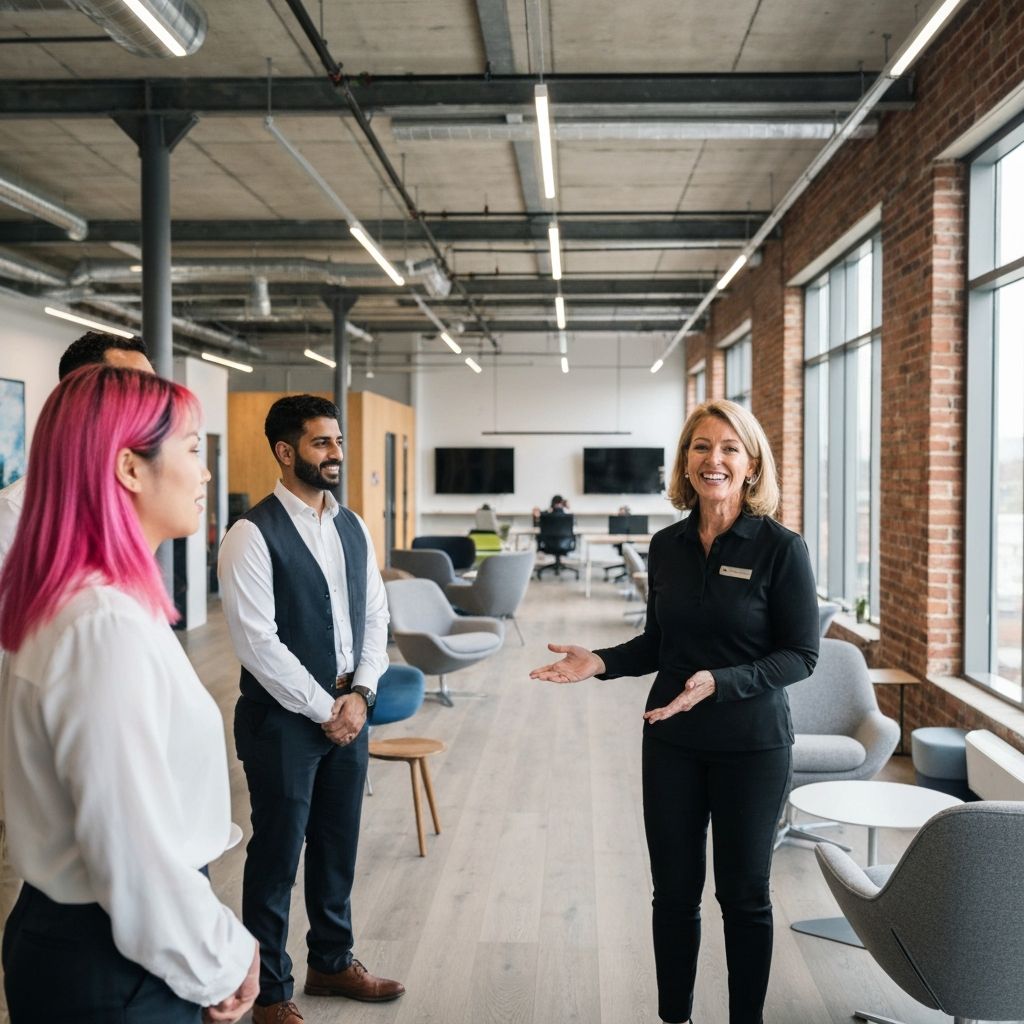 Professionals touring a modern coworking space