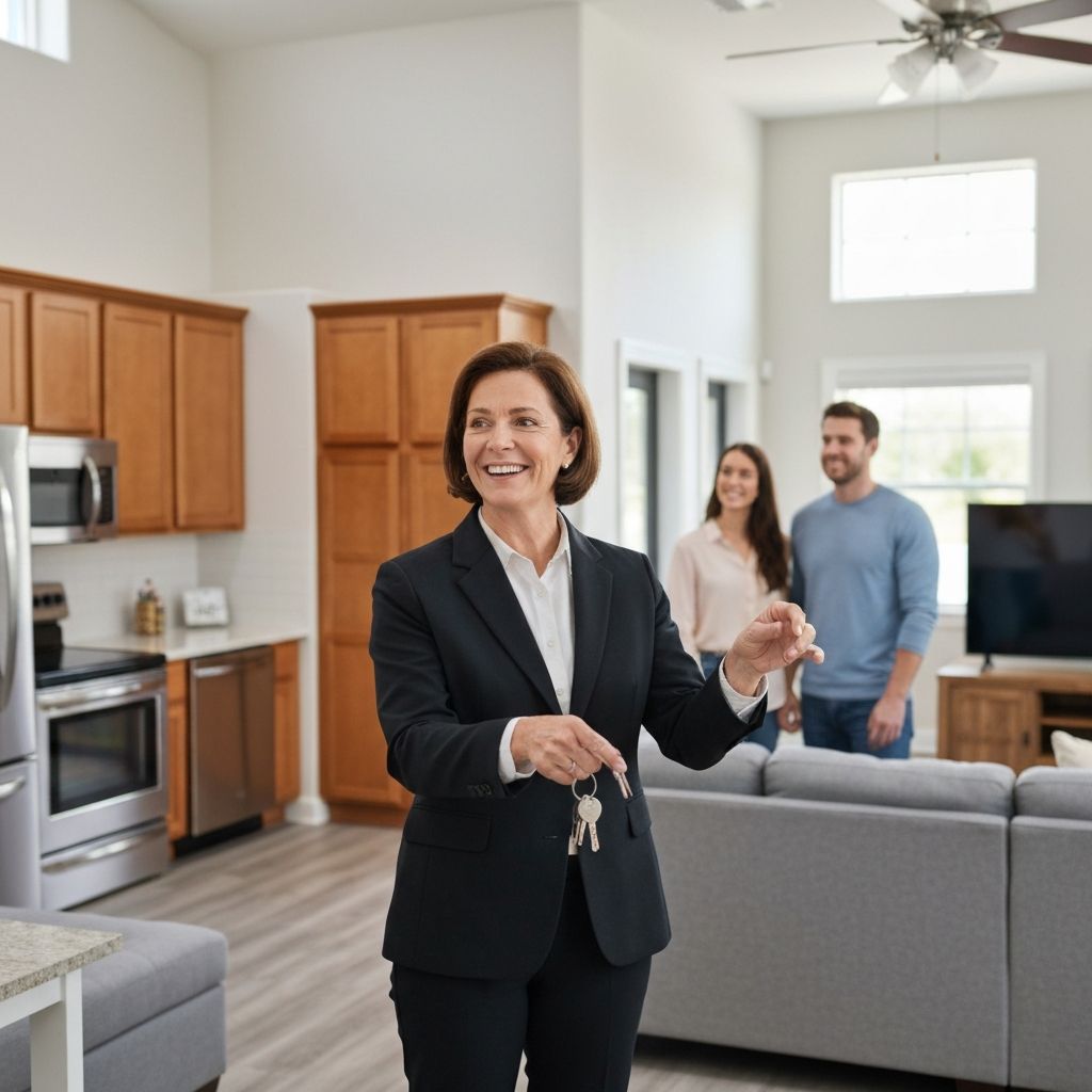 Real estate agent showing house to young couple